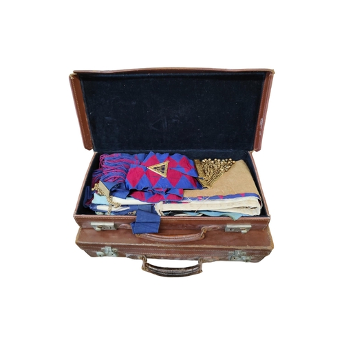 8 - 2 BROWN LEATHER CASES WITH MASONIC REGALIA