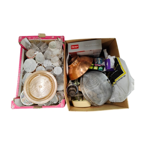 139 - 2 x BOX LOTS TO INCLUDE PART TEASETS, CRYSTAL, SCALES & WEIGHTS ETC