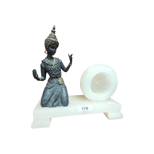 170 - ORIENTAL METAL FIGURE ON ALABASTER STAND