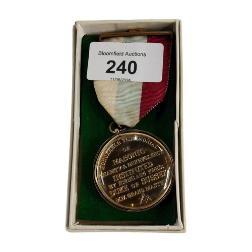 240 - SILVER RIMMED MASONIC JEWEL HONOURABLE TESTIMONIAL OF MASONIC CHARITY AND BENEVOLENCE INSTITUTED BY ... 