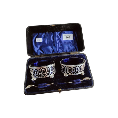 269 - CASED SILVER SALT SET WITH BRISTOL BLUE LINERS