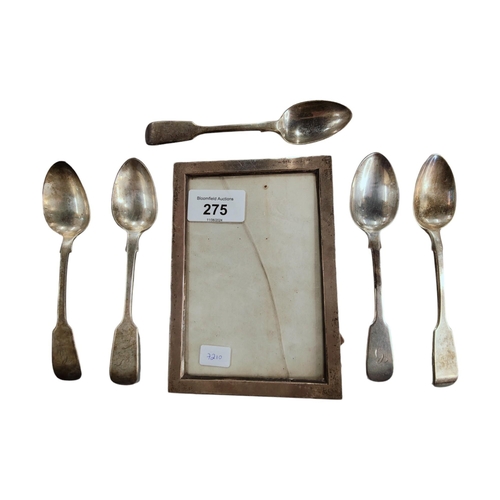 275 - 5 X SILVER TEASPOONS & SILVER PHOTO FRAME