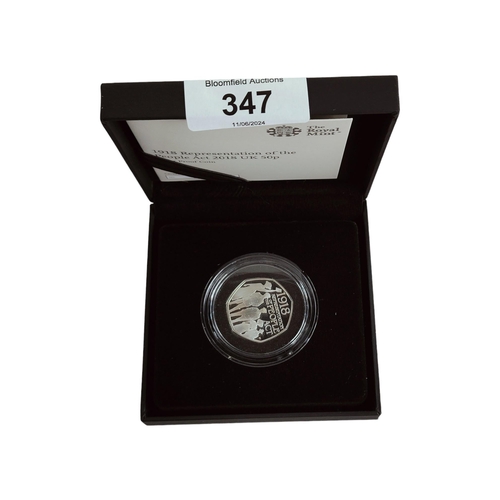 347 - 1918 PRESENTATION OF THE PEOPLE ACT 2018 UK 50p SILVER PROOF COIN IN BOX WITH CERTIFICATE.