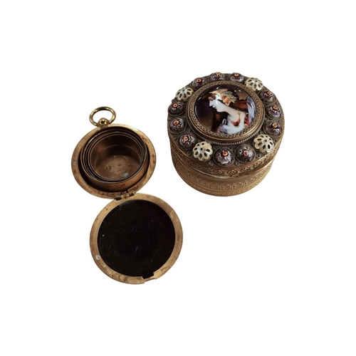 377 - TRINKET BOX & TRAVELLING METAMORPHIC DRINKING CUP IN WATCH CASE