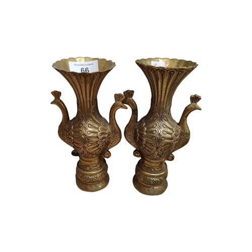 66 - PAIR OF PEACOCK BRASS VASES 19CM