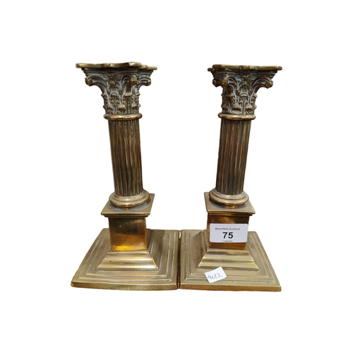 75 - PAIR OF ANTIQUE CORINTIAN COLUMN BRASS CANDLESTICKS