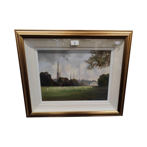 9 - R.B HIGGINS - OIL ON CANVAS - VILLAGE GREEN 39cmX29cm