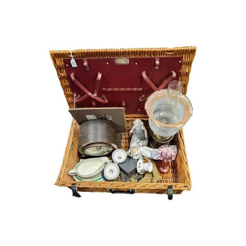 181 - PICNIC BASKET TO INCLUDE NAO, OIL LAMP AND CLOCK ETC