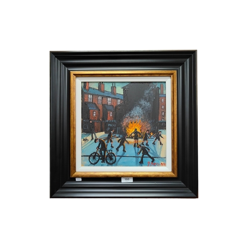 193 - J.DOWNIE - OIL ON CANVAS - 11TH NIGHT STREET BONFIRE 30cm X 30cm