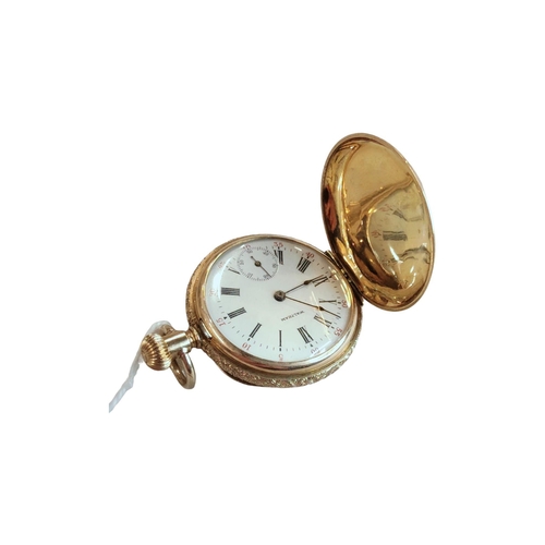 320 - FULL HUNTER 14 CARAT GOLD WALTHAM POCKET WATCH GROSS WEIGHT 31G