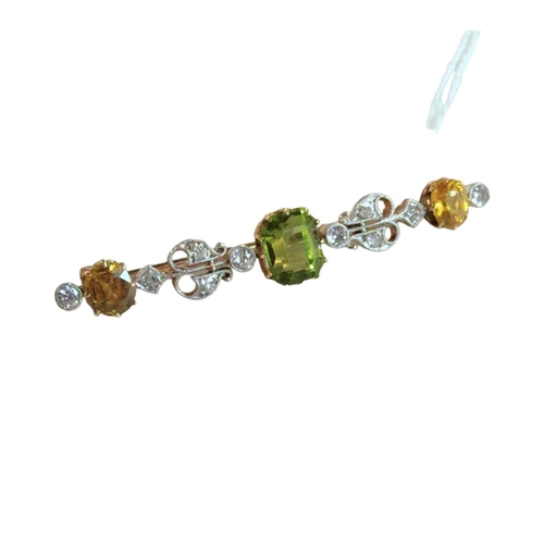 332 - STUNNING ANTIQUE GOLD DIAMOND, PERIDOT & CITRINE BROOCH