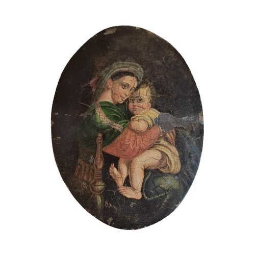 384 - SIGNED MARSHALL- ANTIQUE OIL ON COPPER PLAQUE - MADONNA & CHILD