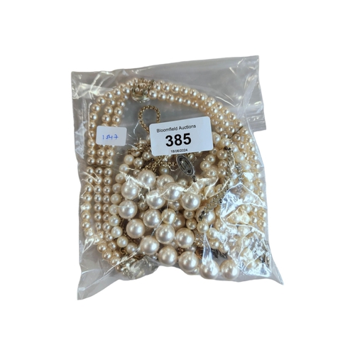 385 - BAG OF PEARL NECKLACES (SOME WITH SILVER CATCHES) EARRINGS ETC