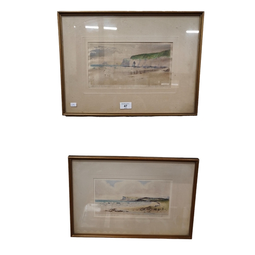 47 - 2 X R. CRESSWELL BOAK COLOURED ETCHINGS - THE WHITE ROCKS, PORTRUSH & FAIRHEAD FROM THE STRAND BALLY... 