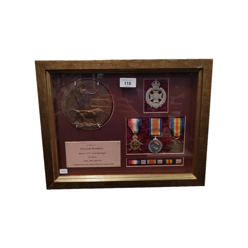 118 - FRAMED SET OF WORLD WAR 1 MEDALS & DEATH PLAQUE (MEDALS ARE MODERN FIRST WORLD WAR)