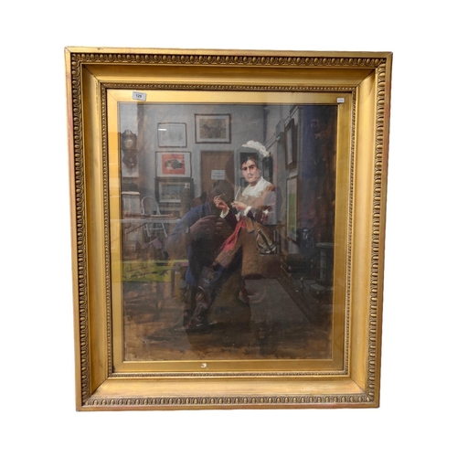 129 - SIGNED ANTIQUE OIL ON CANVAS THE CAVALIER 74 X 62CMS