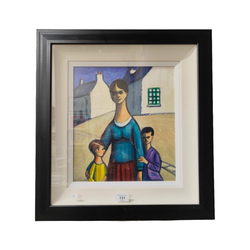 131 - ALAN QUIGLEY OIL ON BOARD MOTHER AND CHILDREN 34 X 29 CMS