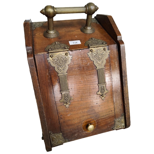 134 - ANTIQUE WOODEN & BRASS COAL SCUTTLE