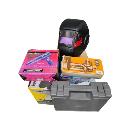 137 - QUANTITY OF TOOLS TO INCLUDE LARGE BOSCH DRILL, AUTO WELDING HELMET, WORK LIGHT, ULTRA SONIC CLEANER... 