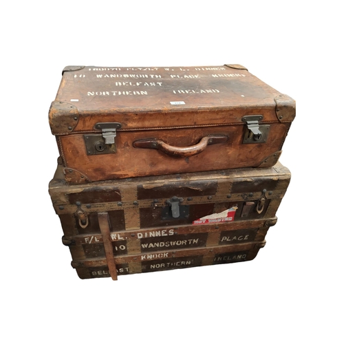 214 - TRAVELLING TRUNK AND LEATHER SUITCASE BOTH ADDRESSED TO F.LT/LT  W.L. DINNES OF BELFAST