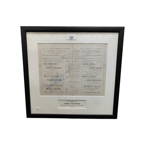 240 - FRAMED ULSTER HALL BOXING PROGRAMMES SIGNED BY JAMES J. MAGENNIS VC