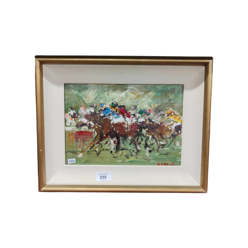 255 - DES MURRIE - OIL ON BOARD - AT THE RACES 28cm X 20cm