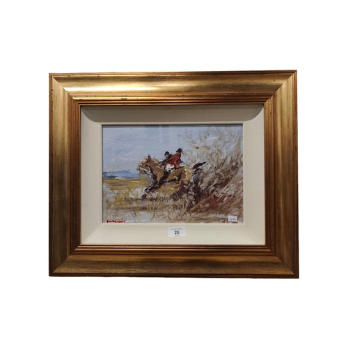 26 - DES MURRIE - OIL ON BOARD - THE HUNT 30cm X 21cm