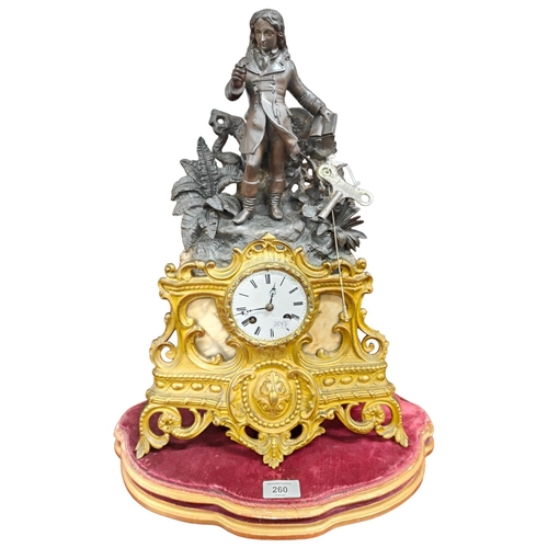 260 - VICTORIAN GILT MANTLE CLOCK WITH KEY AND PENDULUM