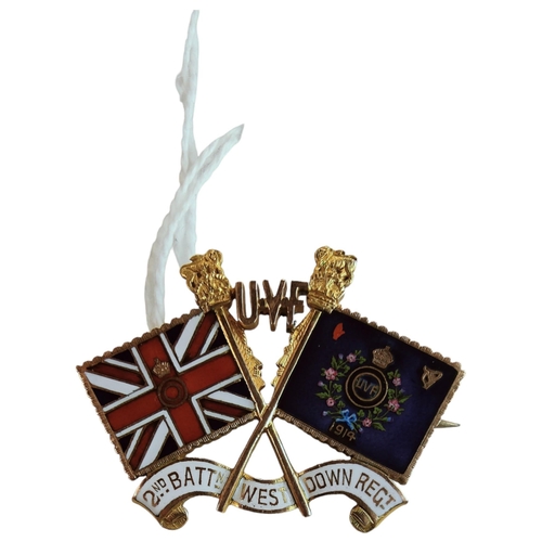 330 - ANTIQUE 9 CARAT GOLD & ENAMEL U.V.F (ULSTER VOLUNTEER FORCE) BADGE '2ND BATTN. WEST DOWN REGT'.  THI... 