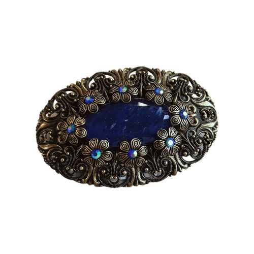 407 - LARGE VINTAGE BLUE STONE ORNATE BROOCH SIGNED NBATL