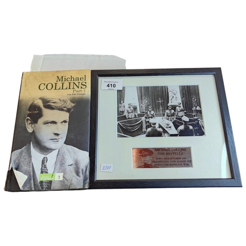 410 - FRAMED PHOTO OF MICHAEL COLLINS LYING IN STATE AND A BOOK ON MICHAEL COLLINS