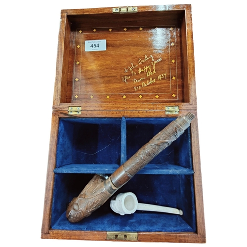 454 - ANTIQUE INLAID BOX AND 2 OLD PIPES