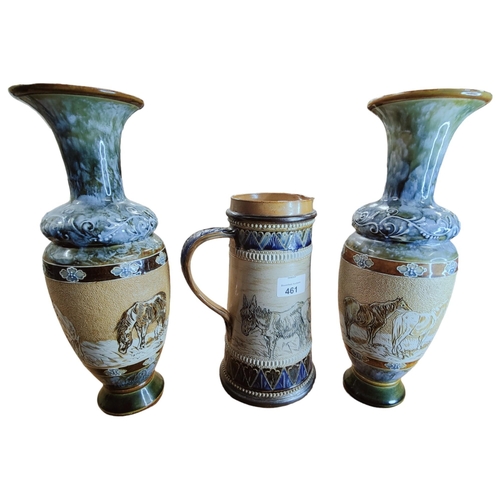 461 - LARGE PAIR OF HANNAH BARLOW DOULTON LAMBETH VASES 32cm HIGH  DECORATED WITH A FRIEZE OF HORSES & ADD... 