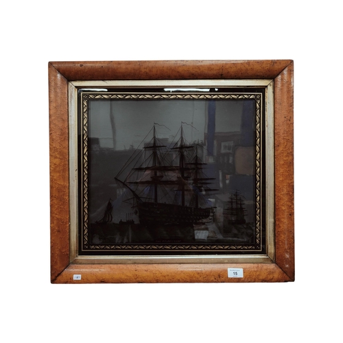 15 - ANTIQUE REVERSE PAINTINGS ON GLASS IN MAPLE FRAME 'H.M.S. THE FOUDROYANT' 49 X 43CM