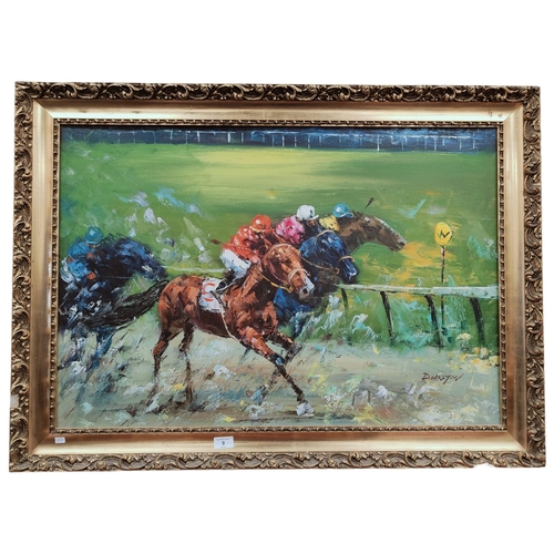 9 - LARGE SIGNED OIL ON CANVAS - HORSE RACING 89 X 60CM