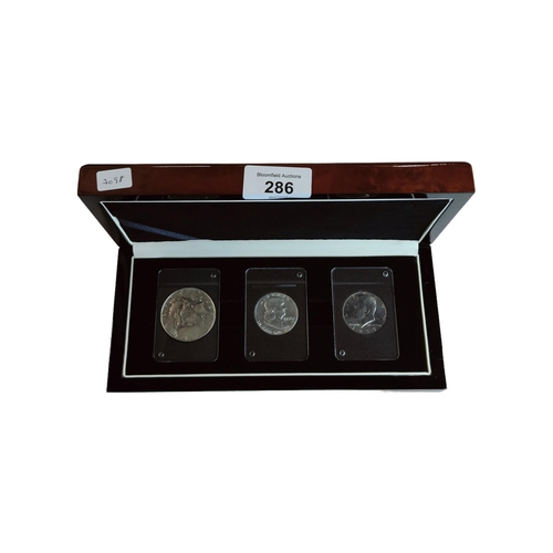 286 - ELVIS AMERICAN TRILOGY COIN SET IN BOX WITH CERTIFICATE - 1935 PEACE DOLLAR (SILVER), 1956 HALF DOLL... 