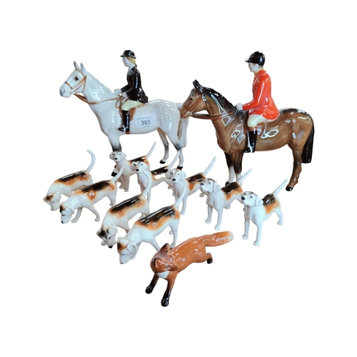 305 - BESWICK HUNTING SET TO INCLUDE. 9 HOUNDS 1 FOX - ALL IN GOOD CONDITION - 1 DOG DOES HAVE A CRACK TO ... 