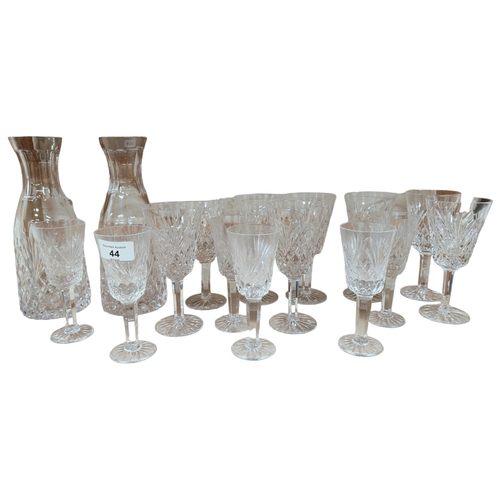 44 - 2 TYRONE CRYSTAL CARAFES WITH 2 SETS OF TYRONE CRYSTAL GLASSES ( SET OF 8 AND SET OF 6)