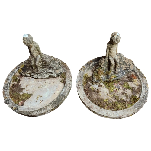 124 - PAIR OF OLD CONCRETE BIRD BATHS WITH FIGURES