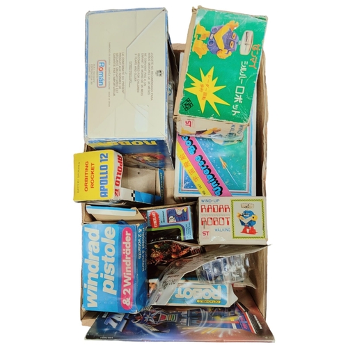 144 - BOX OF VINTAGE ROBOT BOXES, PISTOL & ROBOT