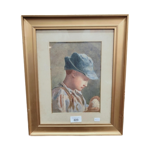 223 - CONTINENTAL ANTIQUE WATERCOLOUR OF A BOY WITH A BIRD