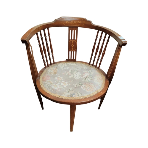 227 - ANTIQUE INLAID CORNER TUB CHAIR WITH TAPERED INLAID LEGS