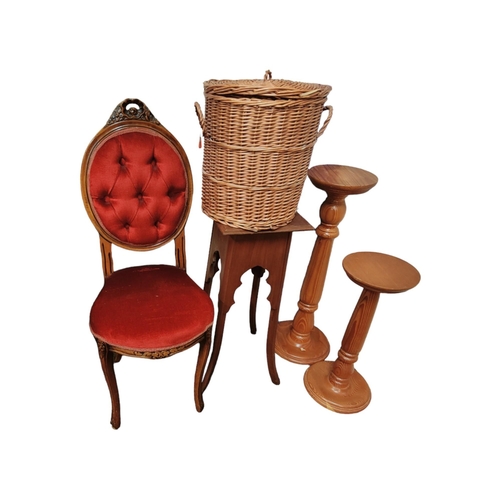 231 - 3 PLANT STANDS, HALL CHAIR, WICKER BASKET & FOLDING TABLE