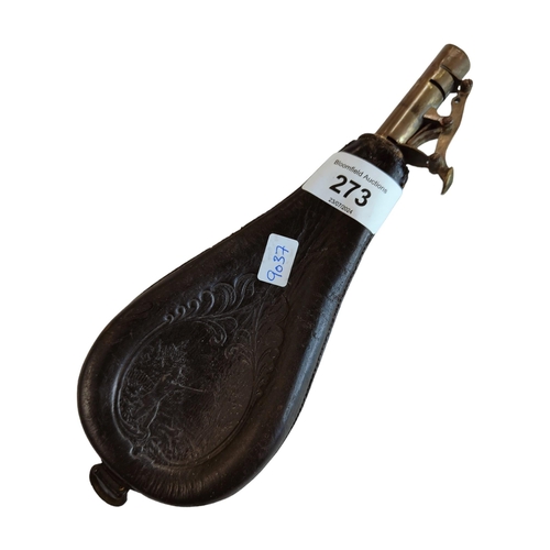 273 - OLD LEATHER GUNPOWDER FLASK