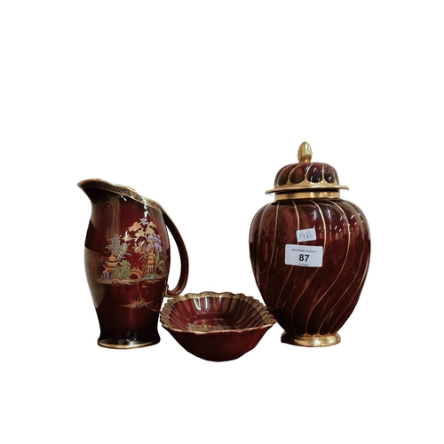 87 - CARLTONWARE ROUGE ROYALE VASE AND LID & 2 PIECES OF CROWN DEVON