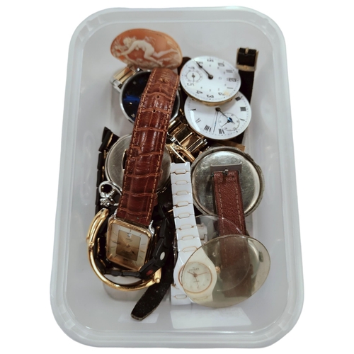 371 - BOX OF WATCH PARTS, WATCHES & LOOSE CAMEOS