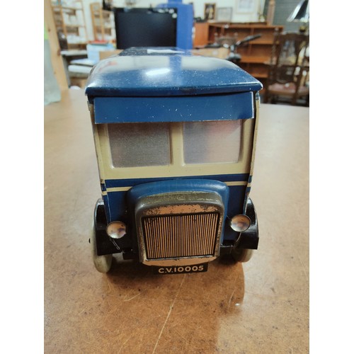 396 - CHAD VALLEY CLOCKWORK BLUE TINPLATE BUS 30cm