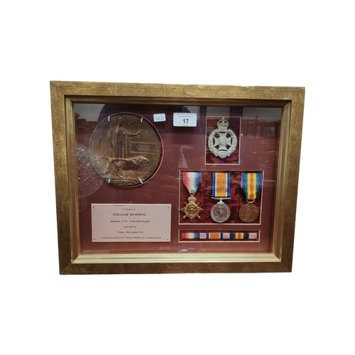 17 - FRAMED SET OF WORLD WAR I MEDALS & DEATH PLAQUE (MEDALS ARE MODERN FIRST WORLD WAR)