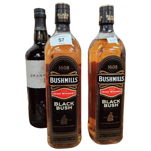 57 - 2 x BOTTLES OF BUSHMILLS BLACK BUSH IRISH WHISKEY (70cl) & BOTTLE OF GRANT BURGE 10 YEAR OLD TAWNY F... 