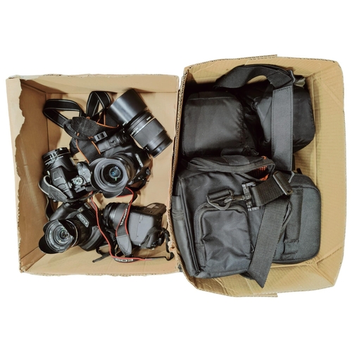 24 - BOX OF CAMERAS, SONY, CANON, FUJIFILM, NIKON AND A BOX OF CAMERA CASES ETC